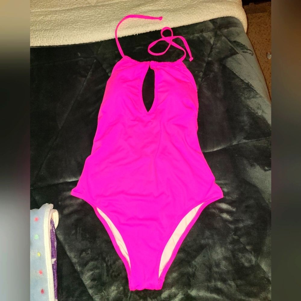 PINK Victoria's Secret Neon Pink Keyhole Swimsuit - LARGE